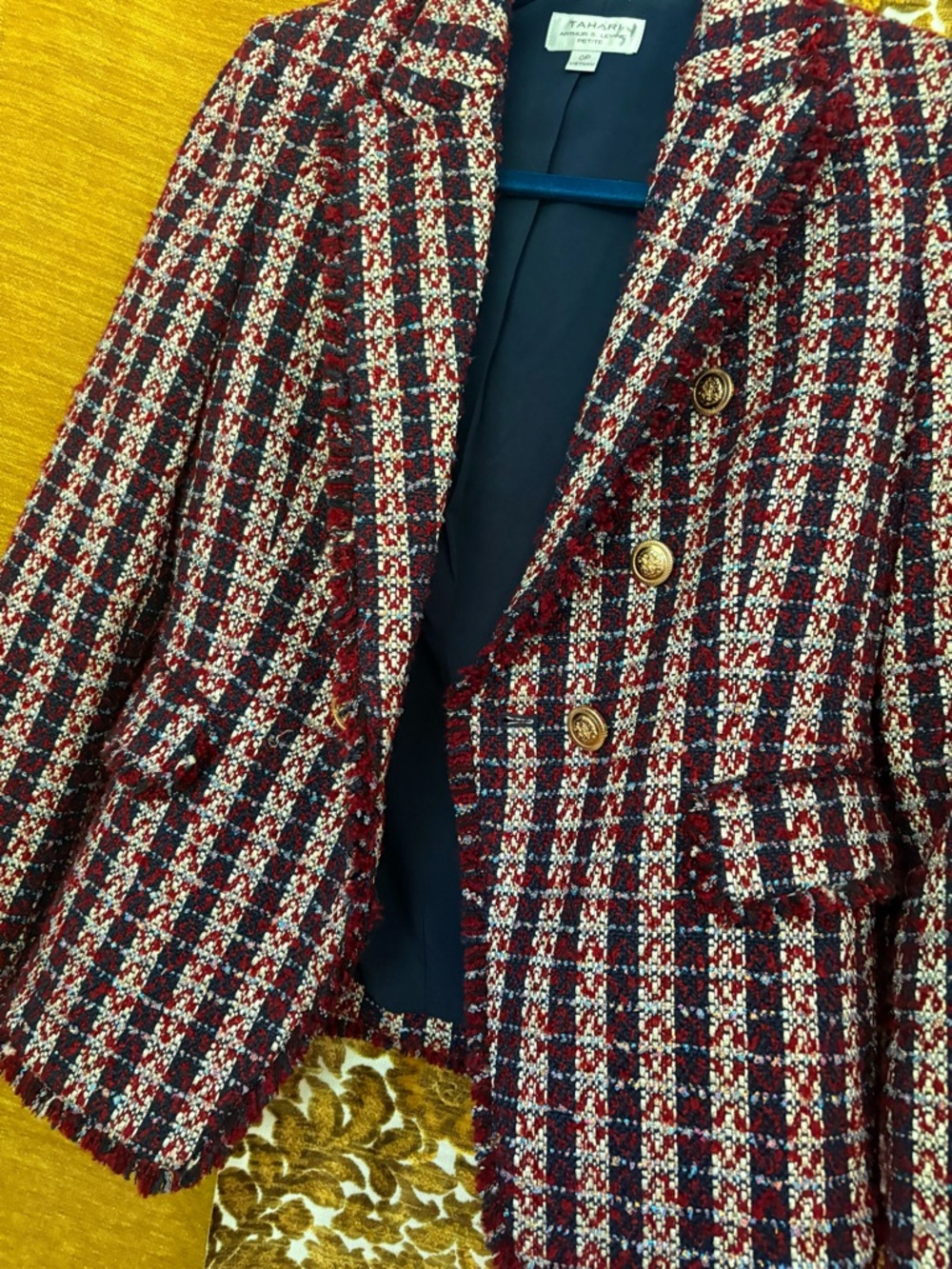 Tahari Burgundy Multi Tweed Fringe Double-BreastedRed/Burgundy Blazer - Picture 2 of 9